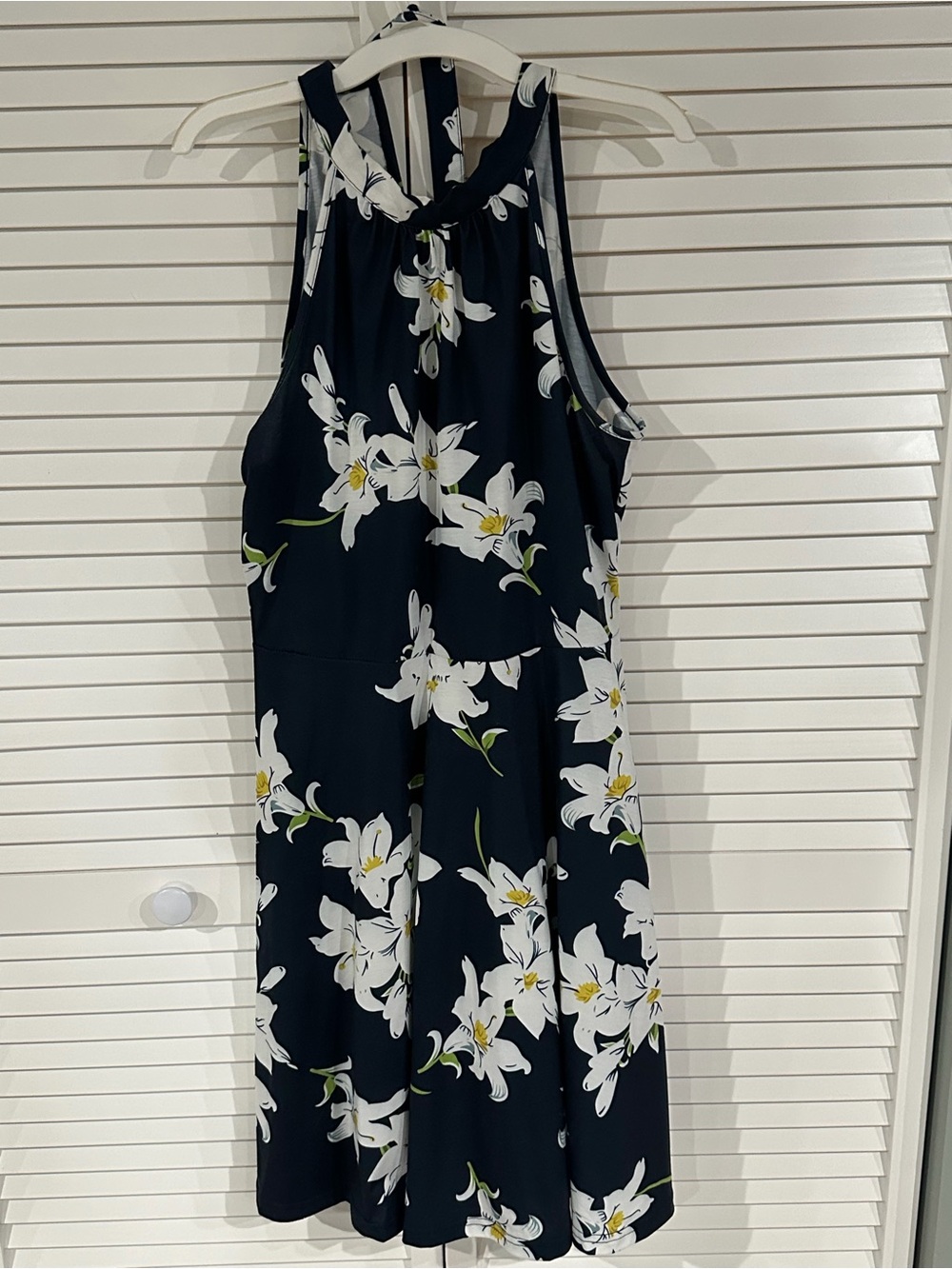 Floral Halter Midi Dress in Navy with White Lilies